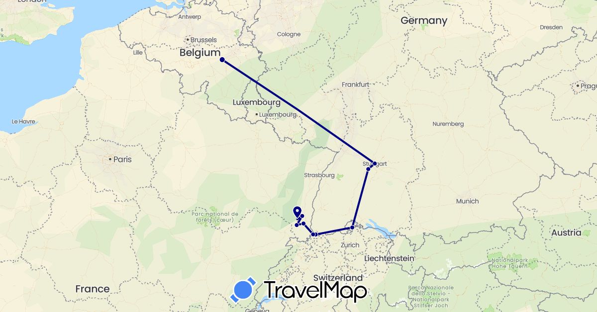 TravelMap itinerary: driving in Belgium, Switzerland, Germany, France (Europe)